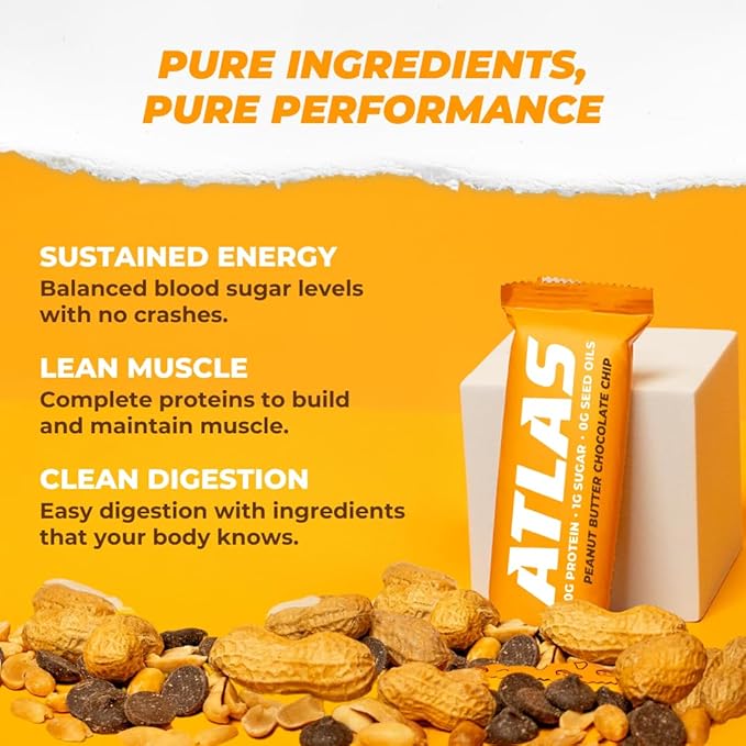 Atlas Real Food Protein Bar – 20g Clean Protein, 1g Sugar, No Seed Oils, No Artificial Sweeteners (Peanut Butter Chocolate Chip, 60 Count)