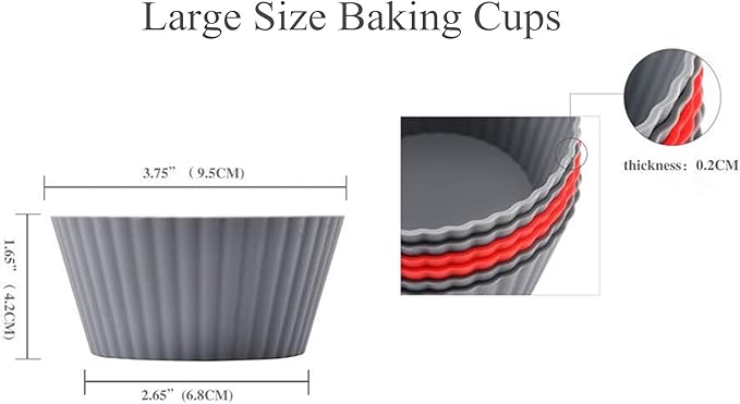 Mirenlife 12 Pack Reusable Nonstick Jumbo Silicone Baking Cups, Cupcake and Muffin Liners, 3.8 Inch Large Size, Red and Gray Colors, Round