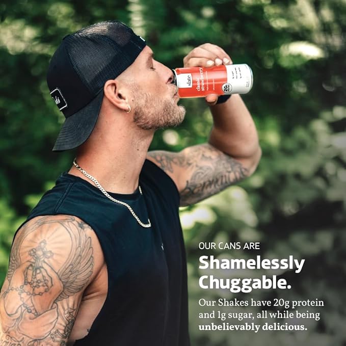 Slate Milk - High Protein Milk Shake - Classic Strawberry - Lactose Free, 20g Protein, 1g Sugar, 100 Calories, 1g Net Carbs, No Added Sugar - Natural, Breakfast Boost, Post Workout - 11 fl oz, 12 Cans