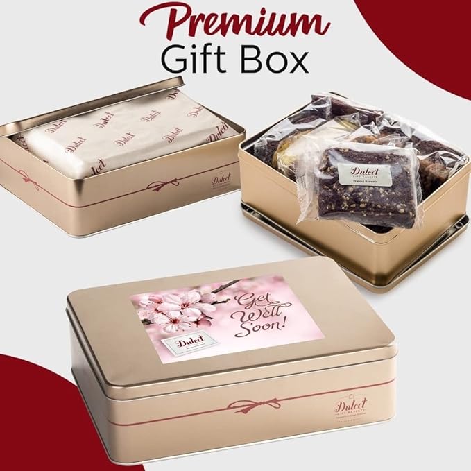 Get Well Soon Gift Basket - 18 Individually Wrapped Brownies Freshly Baked in a Variety of Flavors - Dulcet's Signature Flavored Fudge Brownies - Gift Box Comes with Get Well Card