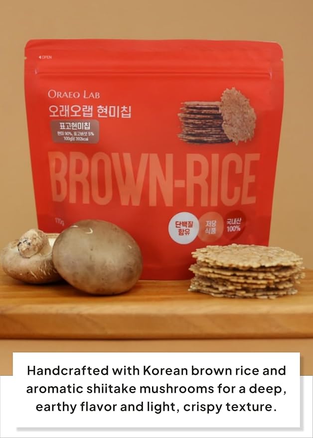 Korean Food Oraeo-Lab Korean Brown Rice Chips with Shiitake Mushroom – Vegan Pressed Snack, Not Fried | Healthy Plant-Based Crisps, 170g (6 oz) Bag