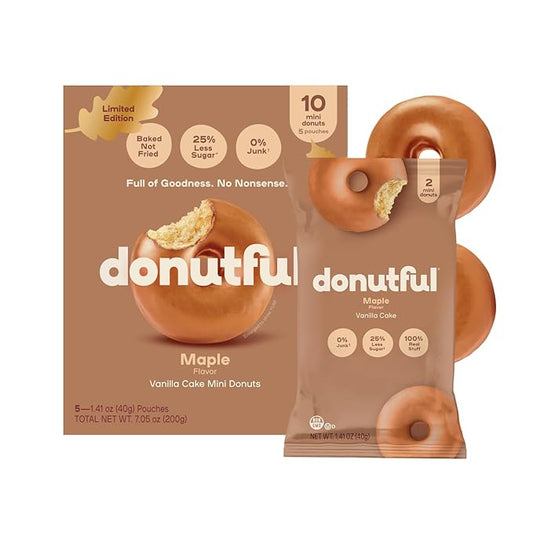 Donutful Maple Mini Donuts – Baked Not Fried, Less Sugar, Nothing Artificial, Non-GMO, Individually Wrapped Snack Packs (30 Donuts/Box)