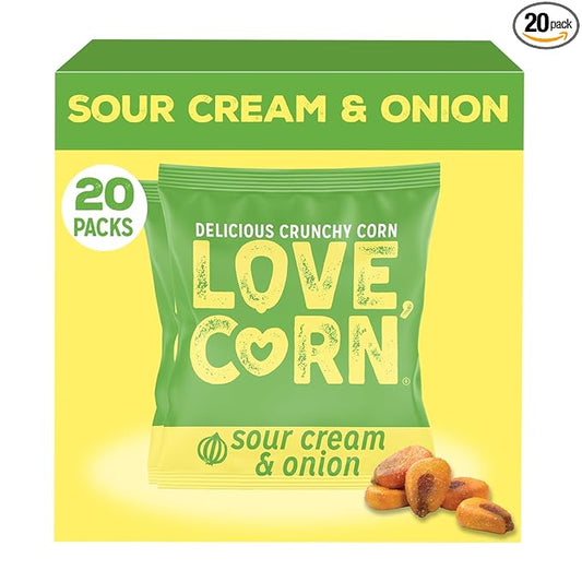 LOVE CORN Sour Cream & Onion 0.7oz x 20 Bags - Delicious Crunchy Corn - Healthy Family Snacks - Gluten Free, Kosher, NON-GMO - Alternative for Chips, Nuts, Crackers & Pretzels - Perfect for Charcuterie Boards