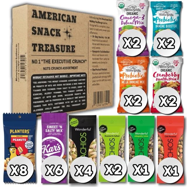 American Snacks Treasure Series No. 1 "THE EXECUTIVE CRUNCH" | Healthy Snacks Variety Pack: 30 Assorted Nuts Individual Packs Bulk – Cashew, Pistachios, Mixed Nuts, Low Calorie Snacks for Men & Women
