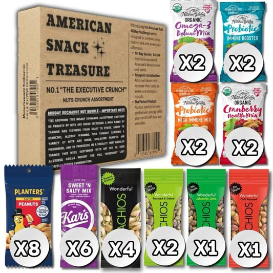 American Snacks Treasure Series No. 1 "THE EXECUTIVE CRUNCH" | Healthy Snacks Variety Pack: 30 Assorted Nuts Individual Packs Bulk – Cashew, Pistachios, Mixed Nuts, Low Calorie Snacks for Men & Women