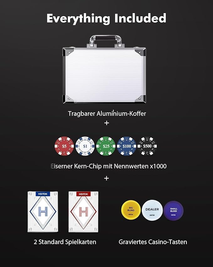 HEITOK Poker Chips 1000 Chips Set with Denominations, 11.5g Weighted Numbered Casino Chips Set, 2 Decks with Compact Aluminum Case for Texas Hold'em, Blackjack Chips