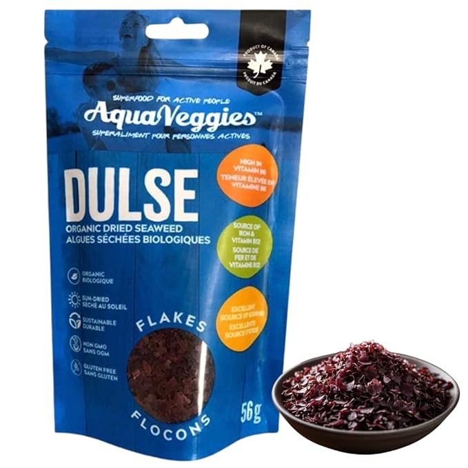 Aqua Veggies Organic Atlantic Dulse Flakes Large 2 Oz, Hand-Harvested, Sun-Dried Bay of Fundy, Excellent Source of Vitamins B6, B12, Iron, Iodine, Protein, Calcium and Fibre (Dulse Flake 56 Grams)