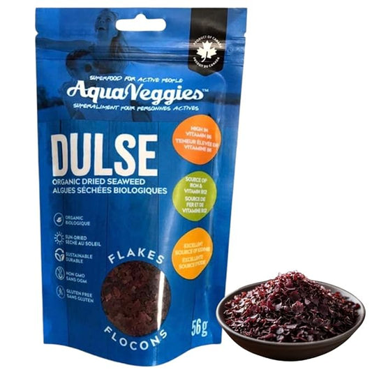 Aqua Veggies Organic Atlantic Dulse Flakes Large 2 Oz, Hand-Harvested, Sun-Dried Bay of Fundy, Excellent Source of Vitamins B6, B12, Iron, Iodine, Protein, Calcium and Fibre (Dulse Flake 56 Grams)