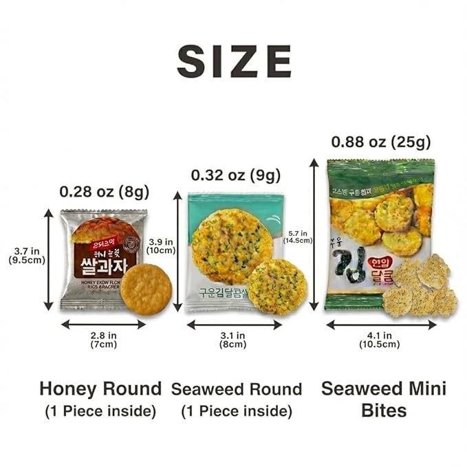 Baked Seaweed Sweet Rice Crackers, Korean Rice Snack with Roasted, Individually Wrapped, Light & Crunchy Snack (Seaweed Round (0.32 oz) - 40 Packs)