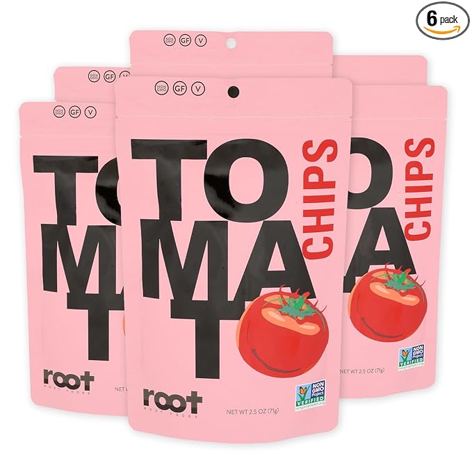 Root Foods Tomato Chips, Natural Veggie Snack, Non-GMO Vegetable Crisps, Good for Adults, Kids, Vegan, Gluten Free, Halal, Kosher 6 pack
