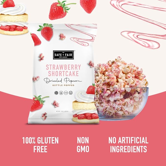 Safe + Fair Food Company Plant-Based Gourmet Strawberry Flavored Popcorn - Strawberry Shortcake Drizzled Kettle Corn Popcorn - Non-GMO + Gluten-Free Snacks,5.5oz