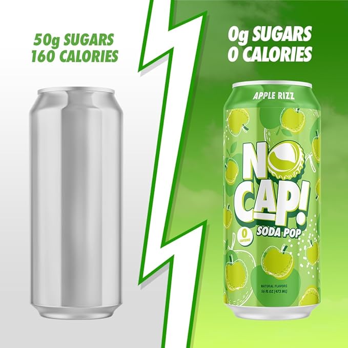 No Cap! Healthy Soda Alternative, Natural Allulose, Zero Sugar, Zero Calorie, Caffeine Free, | Hydrating Electolytes, Natural Flavors 16 oz. (Apple)