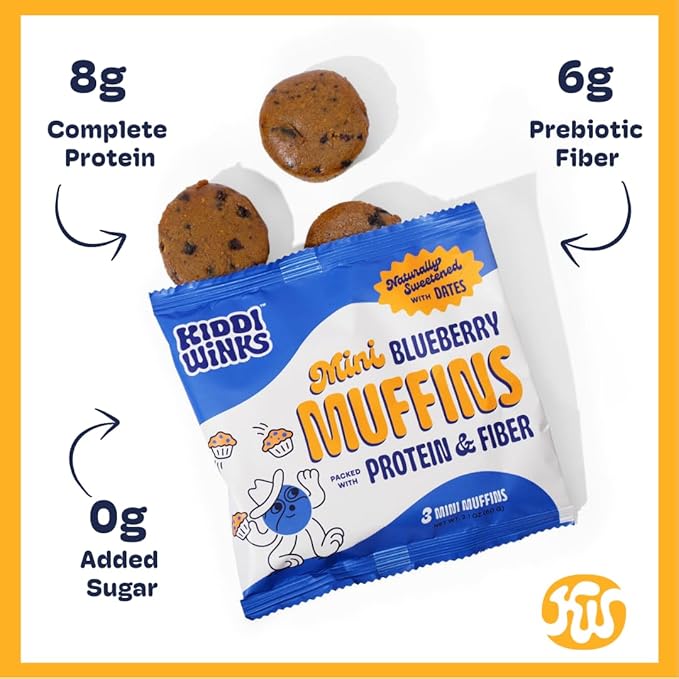 Kiddiwinks High Protein and Fiber Mini Muffins for Kids - Blueberry, 8g Protein, 6g Prebiotic Fiber for Gut Health, No Added Sugar, No Nuts, No Seed Oil, Healthy Snacks and Breakfast To Go (8 pack)