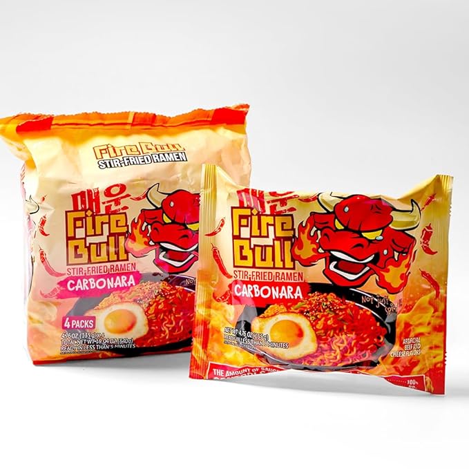 [Fire Bull Ramen] Intense Spicy Carbonara Stir-Fried Ramen | Authentic Korean Heat Meets Flavorful Delight | Thick, Chewy Noodle (4 Pouches)
