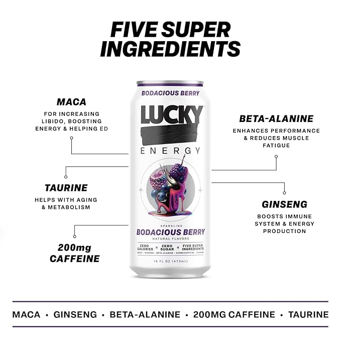 Lucky Energy Sugar Free Energy Drinks, Variety Pack, 16oz Cans (10-Pack) Healthy, Zero Sugar Energy Drink with Maca, Ginseng, Beta-Alanine, Taurine & 200mg Caffeine