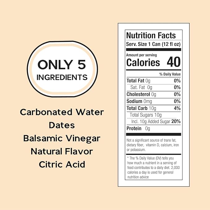 Peach Sparkling Wellness Soda - Naturally sweetened with dates - Crafted with balsamic vinegar - 5 simple ingredients - Low calorie - Antioxidant-rich - No added sugar 12 pack