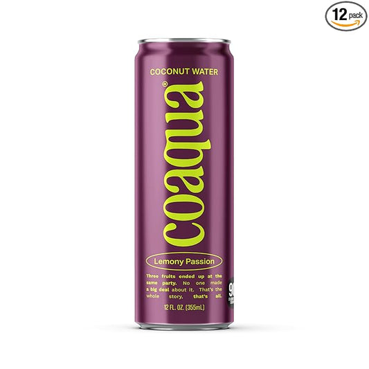 Coaqua Lemony Passion Coconut Water (12 Pack), Naturally Sweet Electrolyte Drink with Passion Fruit & Lemon Juice – Supports Immunity, Digestion & Hydration – Zero Fat, Gluten-Free – 12 fl oz Cans
