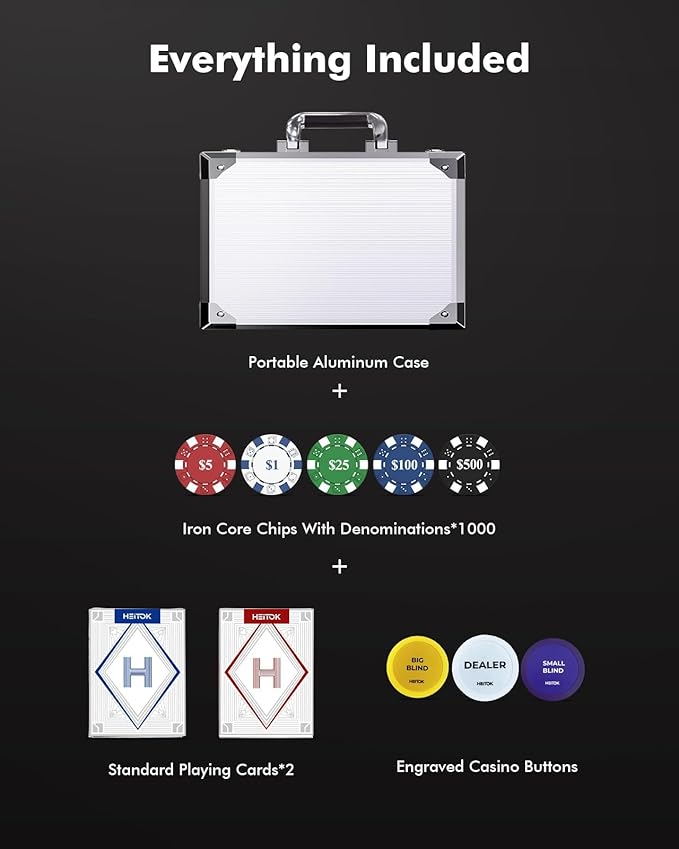 HEITOK Poker Chips 1000 Chips Set with Denominations, 11.5g Weighted Numbered Casino Chips Set, 2 Decks with Compact Aluminum Case for Texas Hold'em, Blackjack Chips
