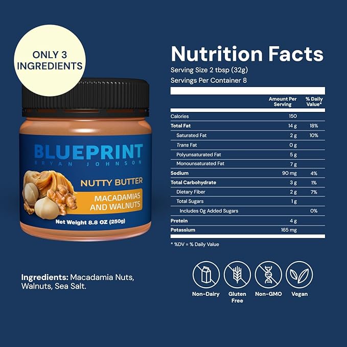 Blueprint Bryan Johnson Nutty Butter – Chunky Macadamia Nut Butter with Walnut – No Palm Oil, No Added Sugar – Just 3 Ingredients – Keto, Vegan, Paleo – Low Carb Nut Butter Snack – 8.8oz Jar
