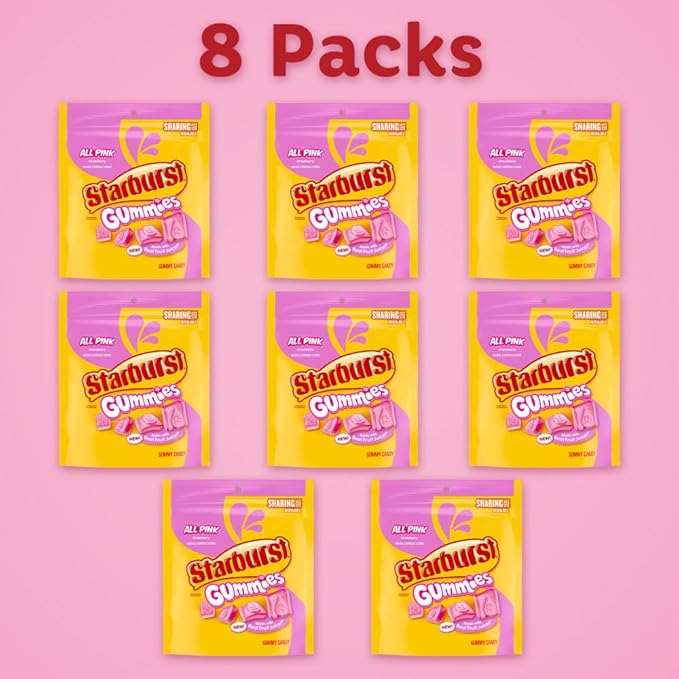 STARBURST Gummies All Pink Gummy Candy Strawberry Flavored Chewy Snacks Bulk, Sharing Size, 9 oz Candy Bags (Pack of 8) for Pink Buffets, Party Favors, and More
