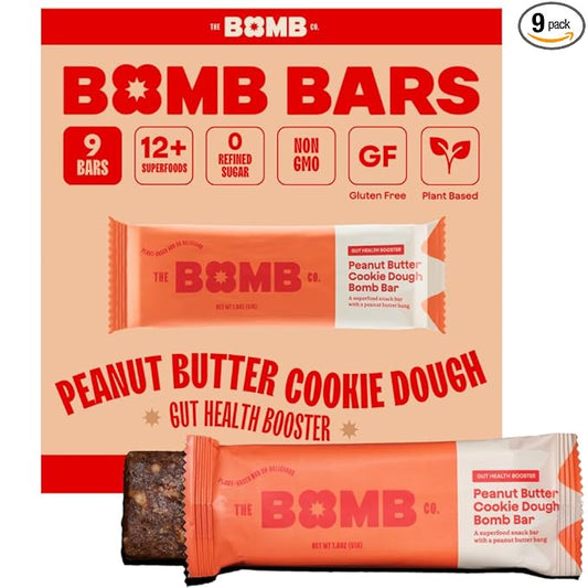 The Bomb Co. Blender Bomb Bar, Peanut Butter Cookie Dough, Superfood Snack Bar for Gut Health, Peanut Butter, Hemp Seeds, Chia Seeds, Flax Seeds, Sea Salt, Aloe Vera, Vegan Chocolate Chips, 9 Bars