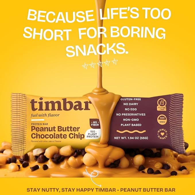 timbar Plant-Based Protein Bars, Peanut Butter Chocolate Chip | 15g Plant Protein, 8g Prebiotic Fiber | Gluten & Dairy Free, Non-GMO, No Sugar Alcohols (Pack of 12)