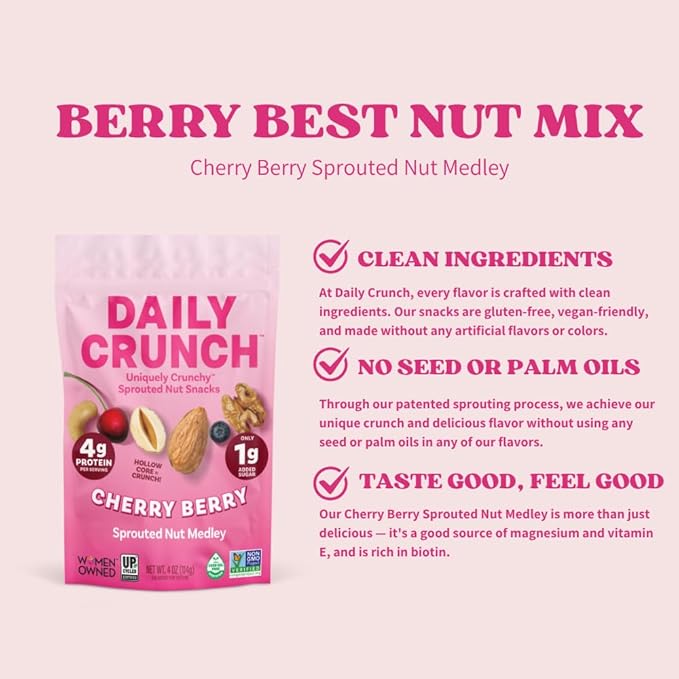 Daily Crunch Sprouted Almonds and Dehydrated nuts for a Unique Crunch, Keto Friendly, Non-GMO Zero Seed Oils, Gluten Free 4oz (6 Pack, Cherry Berry)
