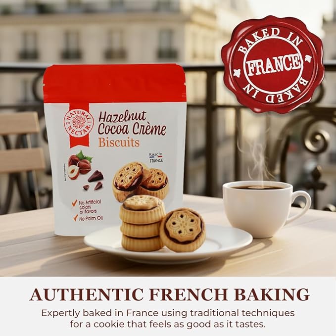 Natural Nectar Hazelnut Cocoa Crème Biscuits 6.35 oz – Sandwich Biscuits Filled with Smooth Hazelnut Cocoa Cream; Snack Cookies for Coffee Breaks & Dessert