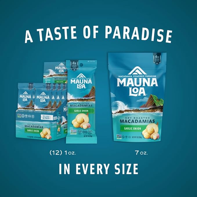 Mauna Loa Garlic Onion Roasted Macadamia Nuts, 12 Pack of 1 oz Single Serve Snack Bags, Keto Friendly, Gluten Free, Savory Healthy Snack