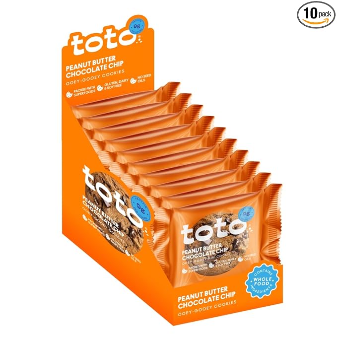 Toto's Peanut Butter Chocolate Chip Vegan Cookies: Gluten-Free High-Fiber Cookie with Plant-Based Protein, Superfoods, and Adaptogens - 10X Individually Wrapped Cookies