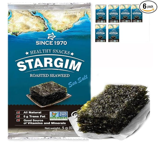 STARGIM Seasoned Seaweed Snacks Sheets – 6 Individual Packs Roasted Gim, Fat Gluten Free Sea Salt, 100% Natural Laver 5g 0.17 Ounce