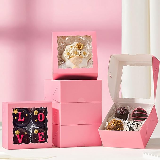 JCXGRVC 100 Pack 4x4x2 Inches Pink Bakery Boxes with Clear Window Perfect for Packaging Macaron Ores Chocolate Truffle Strawberry Cookie Donut Pie Treat Boxes for Wedding Valentine's Birthday