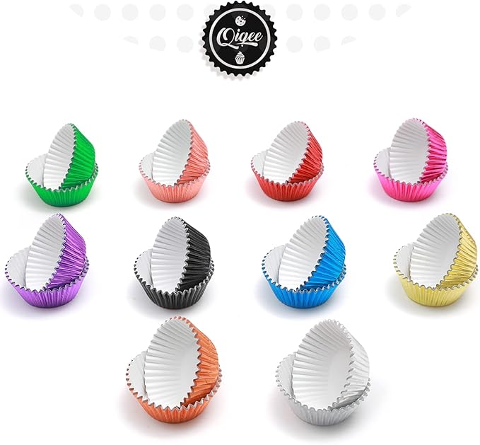 qiqee 500pcs Foil Cupcake Liners For Baking Standard Size Thick ＆ Sturdy Oil Resistance, 10 Color Baking Cups Muffin Liners Paper(Standard Size 2inch Bottom)