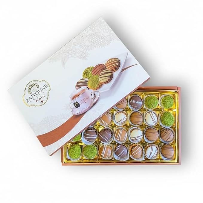Zaitoune Mixed Chocolate & Pistachio Petit Fours – 12 oz | Gourmet Assorted Petit Fours Cakes with Pistachio | Luxury Chocolate-Covered Arabic Sweets in an Elegant Gift Box | Perfect for Sharing & Gifting