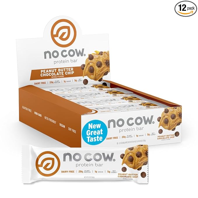No Cow Vegan Protein Bars, Upgraded Peanut Butter Chocolate Chip | 20g Plant Based Protein, Gluten Free, Dairy Free, Soy Free, Keto Friendly, Low Sugar, High Fiber Snack Bars | Pack of 12