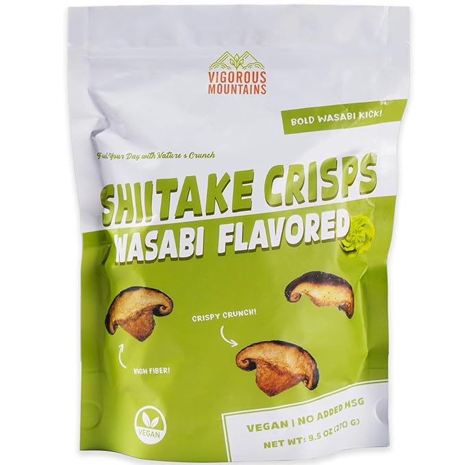 VIGOROUS MOUNTAINS Shiitake Mushroom Snack Chips, Crunchy Veggie Crisps, Wasabi Flavored Dried Snacks Perfect for Snacking Salad Topping | Non-GMO Low-Fat High Fiber | Vegetarian-Friendly in Resealable Full Zip Lock Bag (9.5 Ounce)