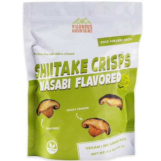 VIGOROUS MOUNTAINS Shiitake Mushroom Snack Chips, Crunchy Veggie Crisps, Wasabi Flavored Dried Snacks Perfect for Snacking Salad Topping | Non-GMO Low-Fat High Fiber | Vegetarian-Friendly in Resealable Full Zip Lock Bag (9.5 Ounce)