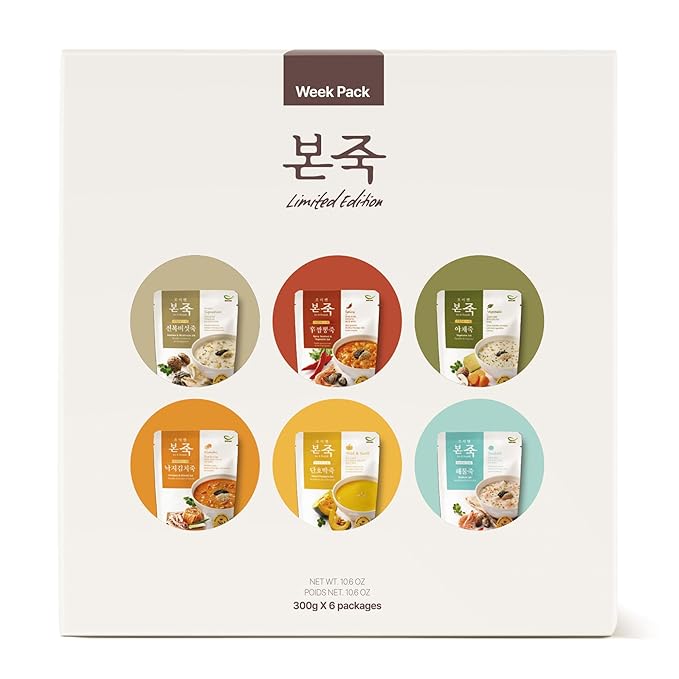 [Week Pack] BONJUK Rice Porridge, 6-Day Meal Kit – Pack of 6 Flavors (10.6oz each) – Abalone & Mushroom, Spicy Jjamppong Seafood, Vegetable, Octopus & Kimchi, Sweet Pumpkin, Seafood