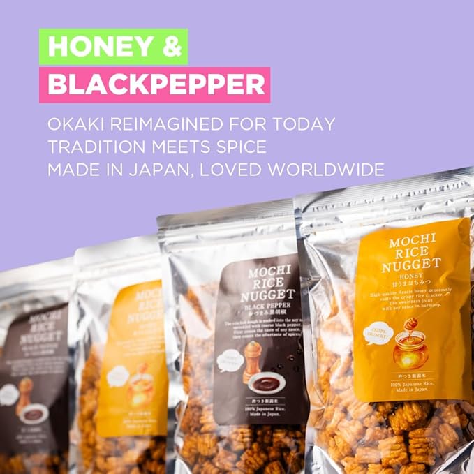 Mochi Rice Nuggets – Japanese Rice Crackers, Rice Crispy Treats, Japanese Snacks, No MSG, No Artificial Colors or Preservatives, Made in Japan, arare rice crackers, Beer snacks, Black pepper flavor 4.9oz (140g)