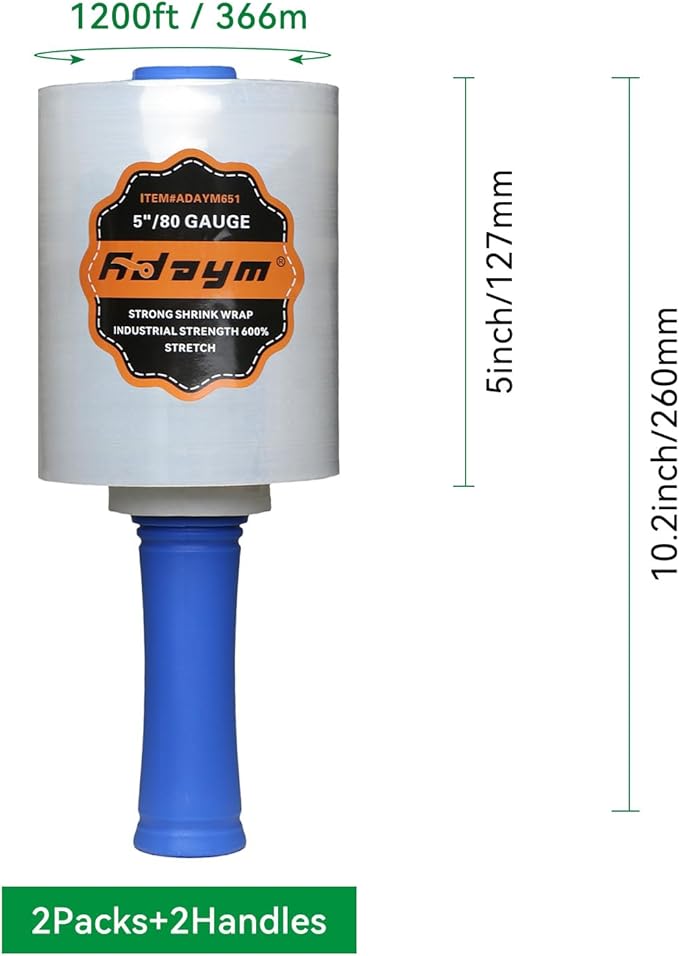 ADAYM Stretch Film Shrink Wrap Roll - 5" x 1200' - 80 Gauge 600% Stretch Self-Adhering 5 inch Mini Plastic Wrap for Moving, Packing, Shipping, Furniture & Pallet Stabilization(12 Rolls)