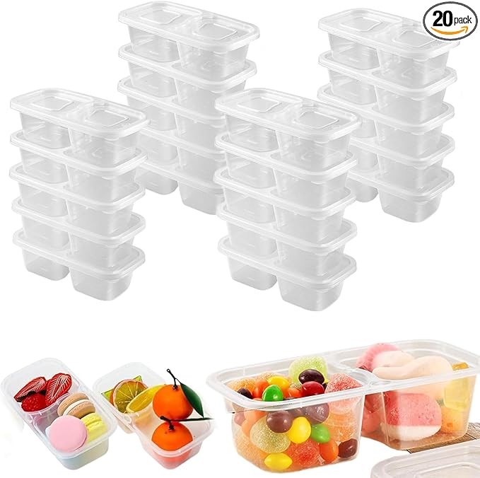 Reusable Snack Containers with Lids - 20PCS Double Compartment Condiment Containers for Snack Prep, Portion Control, Lunches Picnics Parties, Microwave & Dishwasher Safe 6.76oz (CLEAR)