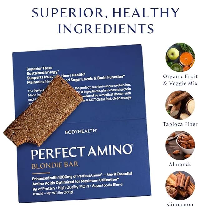 BodyHealth PerfectAmino Bar – Protein Energy Snack with 10g Protein, Plant-Based MCTs, Superfood Blend, Non-GMO, Gluten, Dairy & Soy Free (Blondie, 12 Pack)