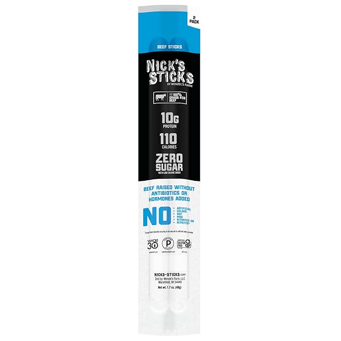 Nick's Sticks Clean & Balanced 100% Grass-Fed Beef Snack Sticks | Made in the USA | Gluten Free | Paleo, Keto, Whole30 Approved | No Soy, Antibiotics or Hormones (12 – 1.7oz. Packages of 2 Sticks)