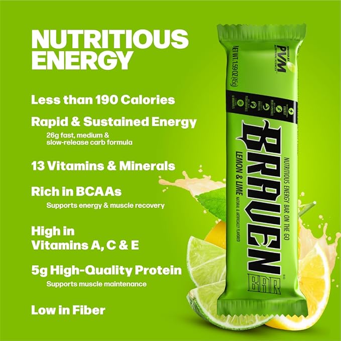 Braven Bar Lemon Lime Energy Bars (1.59 oz, Pack of 10) – Energy Chews with 5g Protein – On-the-Go Energy Snacks for Running, Hiking, and Sports - Gluten Free Snacks for Sustained Energy Boost