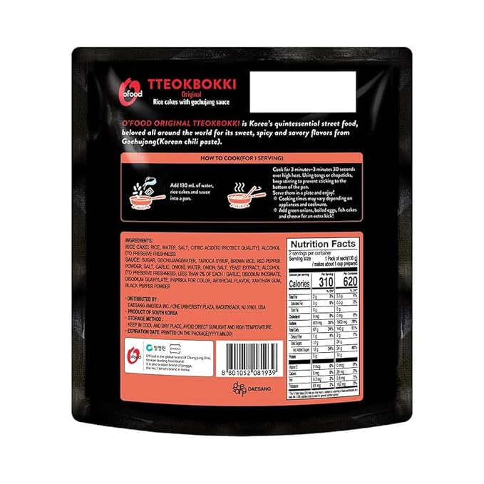 Tteokbokki Korean Rice Cakes – [Original Gochujang | Pack of 1] – Gluten Free | Ready in 3 Minutes | 0 Cholesterol/ 0 Trans Fat | 2 Servings Spicy Street Snack | Healthy/Savory/Spicy - O’food