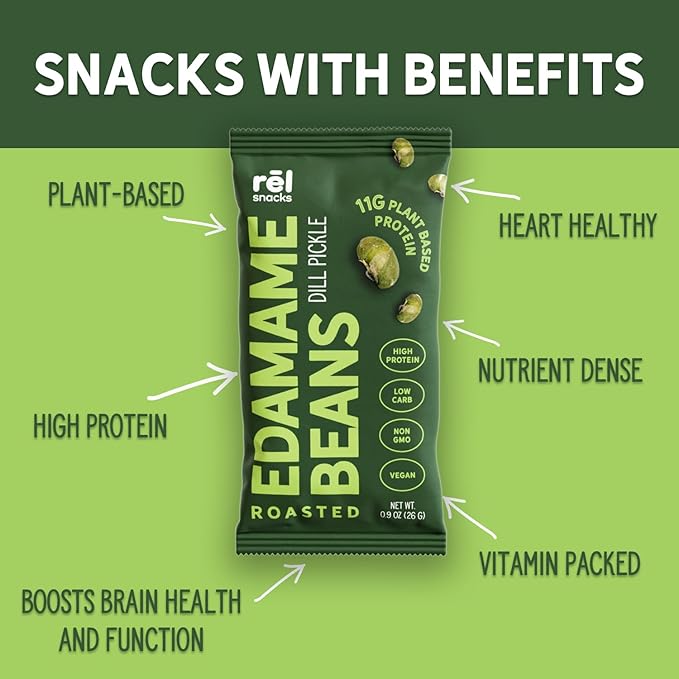 Rēl Snacks Dill Pickle Roasted Edamame – High Protein Low Carb Snack (11g Protein per Serving) – Keto-Friendly, Vegan, Non-GMO – 10-Pack 0.9oz Bags