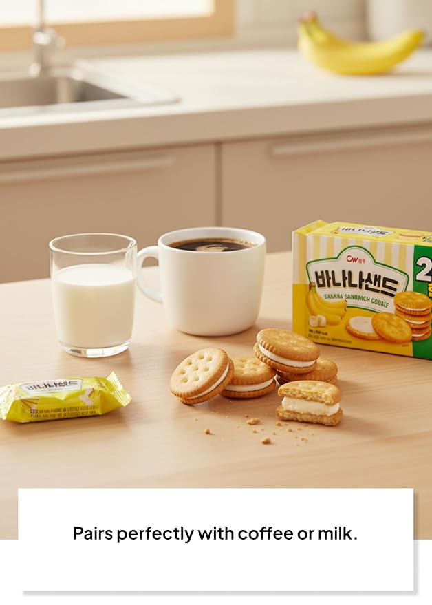 Korean Food CW Banana Sandwich Cookies, Sweet Banana Cream Biscuits, 1+1 Family Pack (6 Packs x 2, 12 Packs Total, 360g / 12.7 oz Total), Crispy Korean Snack