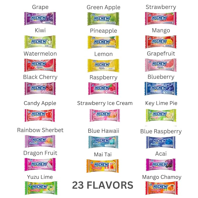 HI-CHEW Variety Mix, Pack of 8 Bags - 23 Flavors including Getaway Mix - Unique Fun Soft & Chewy Taffy Candy - Immensely Juicy Fruit Flavors - Individually Wrapped for Sharing