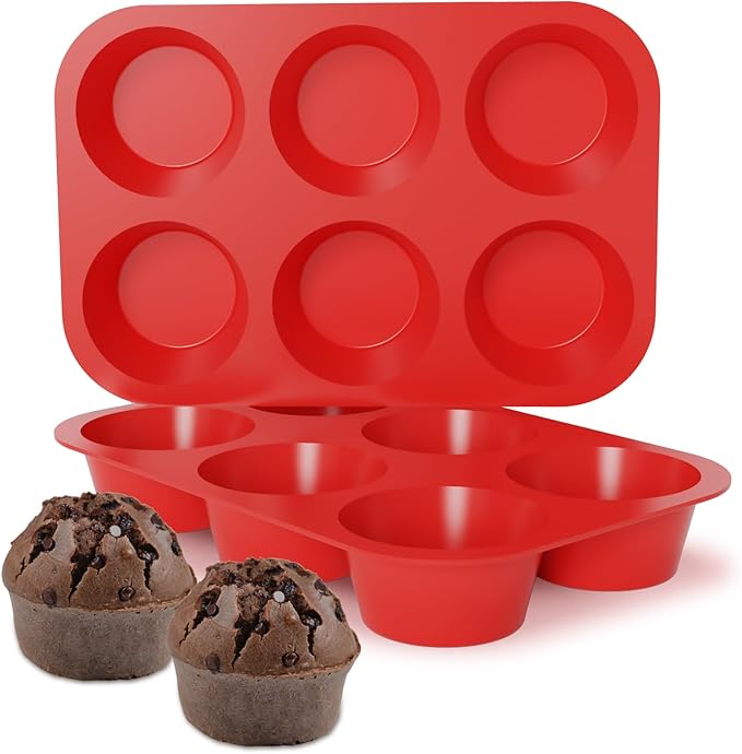 CAKETIME Silicone Jumbo Muffin Pan, 3.5 Inch Silicone Texas Muffin Pan 6 Cup Large Cupcake Pan Nonstick BPA Free 2 Pack Red