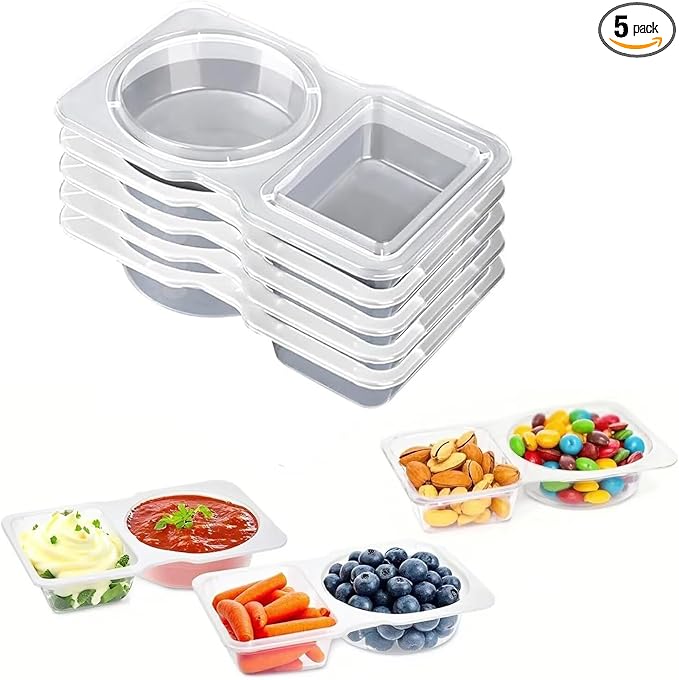 5pcs Reusable Snack Containers with Lids,2025 New 2 Compartment Plastic Containers for Pack Snacks,Leakproof Double Compartment Condiment Pack for Meal Prep, Portion Control,On-the-Go School Travel
